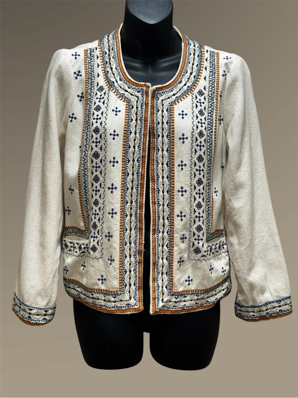 Lucky Brand "Live In Love" Embroidered And Beaded Open-Front Jacket Size Small